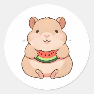Kawaii Chibi Capybara Eating Watermelon Slice Classic Round Sticker