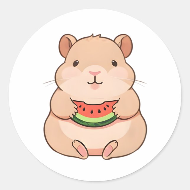 Kawaii Chibi Capybara Eating Watermelon Slice Classic Round Sticker (Front)