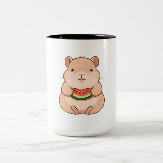 Kawaii Chibi Capybara Eating Watermelon Slice Two-Tone Coffee Mug
