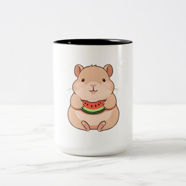 Kawaii Chibi Capybara Eating Watermelon Slice Two-Tone Coffee Mug (Center)
