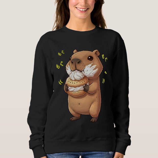 Kawaii Chibi Capybara Munching Happily Funny Water Sweatshirt (Front)