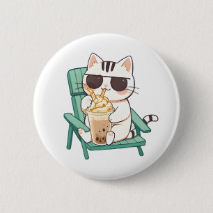 Kawaii Chibi Cat in Sunglasses Drinking Frappè 6 Cm Round Badge