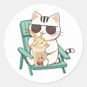 Kawaii Chibi Cat in Sunglasses Drinking Frappè Classic Round Sticker