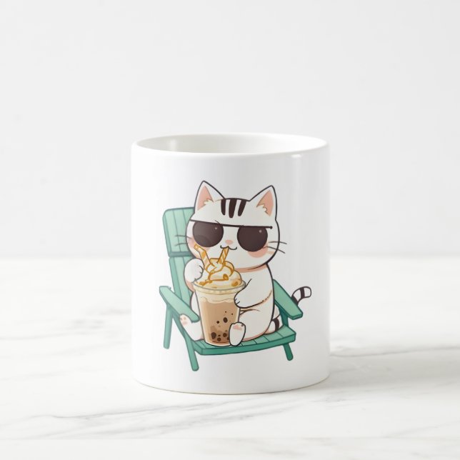 Kawaii Chibi Cat in Sunglasses Drinking Frappè Coffee Mug (Center)