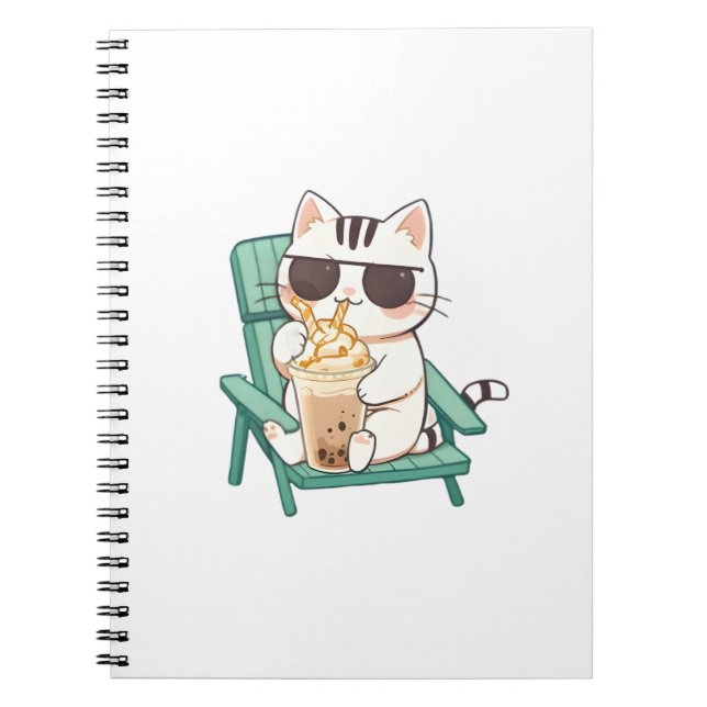 Kawaii Chibi Cat in Sunglasses Drinking Frappè Notebook (Front)