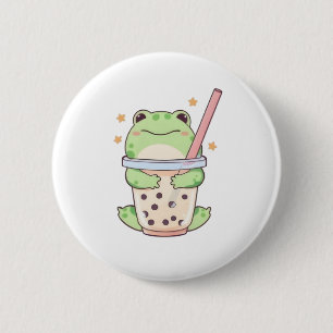 Kawaii Chibi Frog Hugging Bubble Tea Cup 6 Cm Round Badge
