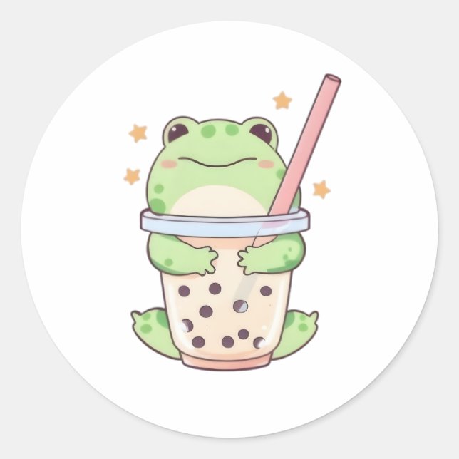 Kawaii Chibi Frog Hugging Bubble Tea Cup Classic Round Sticker (Front)