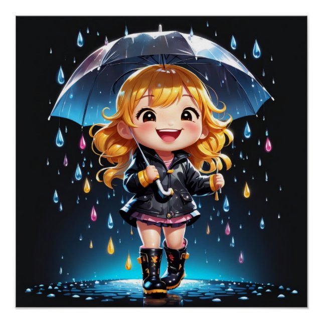 Kawaii Chibi Girl in a Joyful Rainy Day Poster (Front)