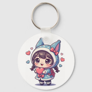 Kawaii Chibi Girl with Heart Keychain