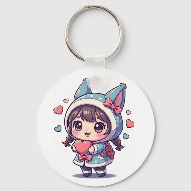 Kawaii Chibi Girl with Heart Keychain (Front)