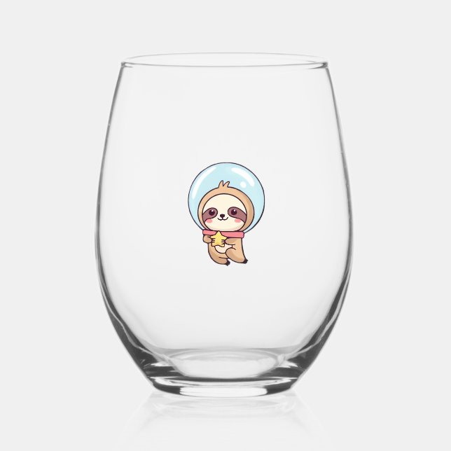 Kawaii Chibi Sloth Astronaut � Cute Space Sloth Ca Stemless Wine Glass (Front)