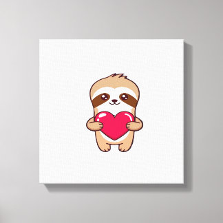 Kawaii Chibi Sloth Hugging Heart � Cute Adorable S Canvas Print