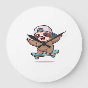 Kawaii Chibi Sloth Skater � Cute Funny Skateboardi Large Clock