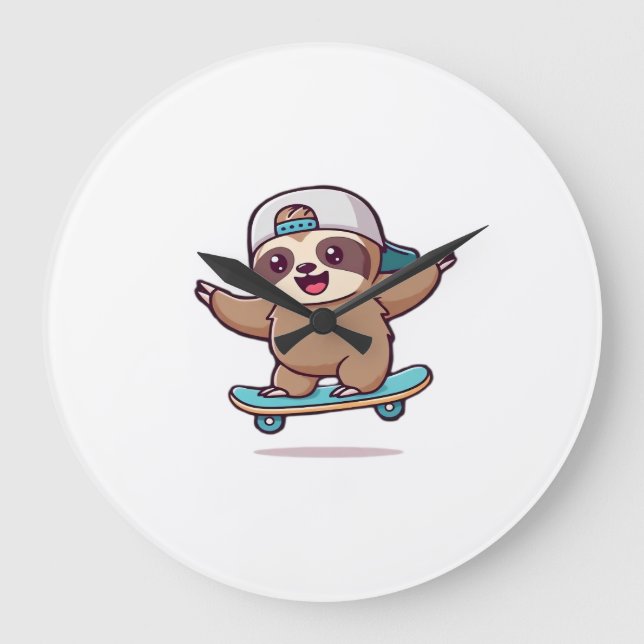 Kawaii Chibi Sloth Skater � Cute Funny Skateboardi Large Clock (Front)
