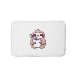 Kawaii Chibi Sloth with Coffee Mug � Cute Sleepy A Bath Mat
