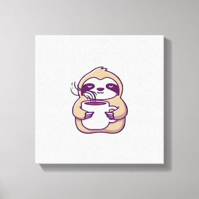 Kawaii Chibi Sloth with Coffee Mug � Cute Sleepy A Canvas Print (Front)