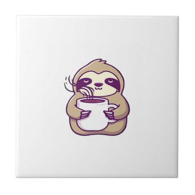 Kawaii Chibi Sloth with Coffee Mug � Cute Sleepy A Tile (Front)