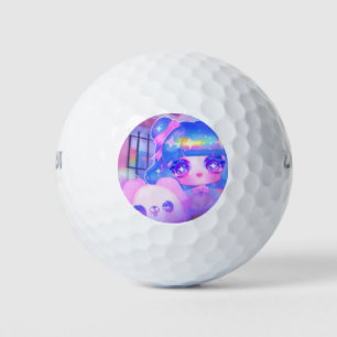 Kawaii Chibi Sparklecore Girl with Rainbow Puppy Golf Balls