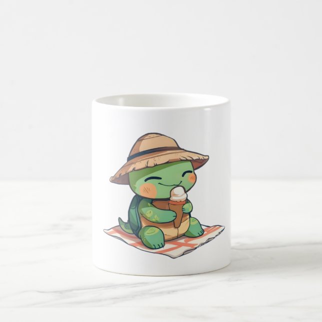 Kawaii Chibi Turtle in Straw Hat Eating Ice Cream  Coffee Mug (Center)