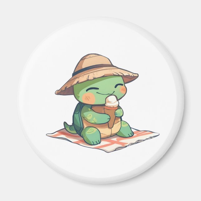 Kawaii Chibi Turtle in Straw Hat Eating Ice Cream  Magnet (Front)
