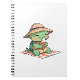 Kawaii Chibi Turtle in Straw Hat Eating Ice Cream  Notebook