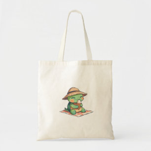 Kawaii Chibi Turtle in Straw Hat Eating Ice Cream Tote Bag