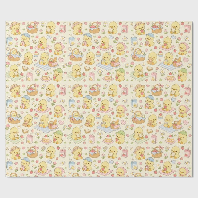 Kawaii Chicken Picnic Pattern Wrapping Paper (Flat)