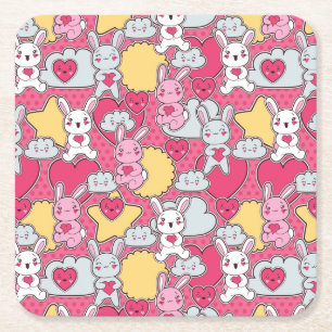 Kawaii Child Pattern with Cute Doodles 2 Square Paper Coaster