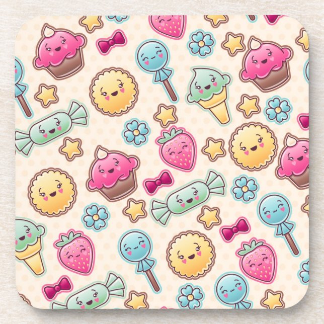 Kawaii child pattern with cute doodles coaster (Front)