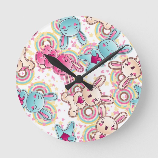 Kawaii Child Pattern with Cute Doodles Round Clock (Front)