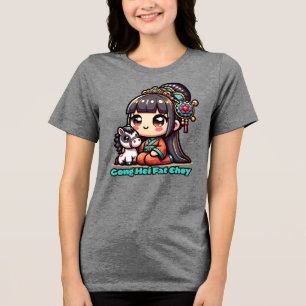 Kawaii Chinese New Year Horse and Girl Tri-Blend Shirt