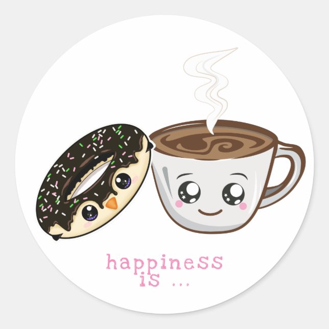 kawaii chocolate doughnut and hot coffee classic round sticker (Front)
