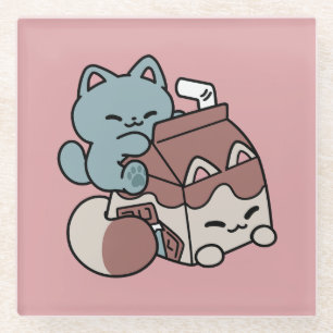 Kawaii Chocolate Milk Cat – Cozy Drink & Cuteness  Glass Coaster