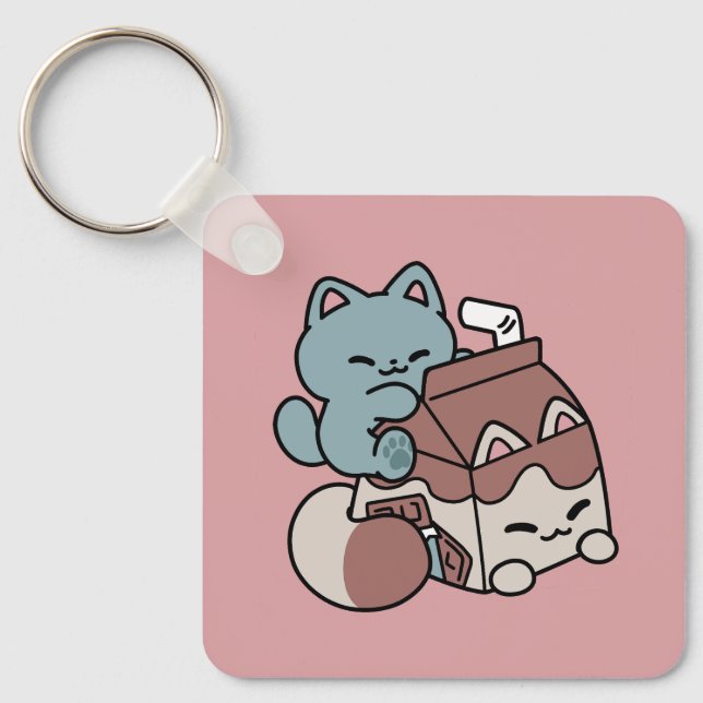 Kawaii Chocolate Milk Cat – Cozy Drink & Cuteness  Key Ring (Front)