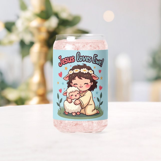 Kawaii Christian "Jesus Loves Ewe" Pastel Design Can Glass (Insitu (Wedding))