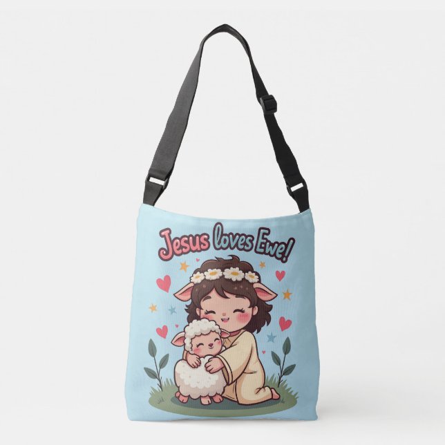 Kawaii Christian "Jesus Loves Ewe" Pastel Design Crossbody Bag (Front)