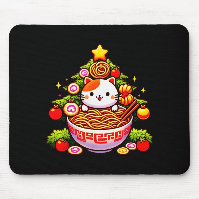 Kawaii Christmas Cat Ramen Christmas Tree Holiday  Mouse Pad (Front)