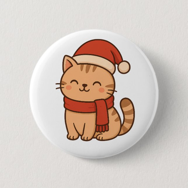 Kawaii Christmas Cat with Scarf 6 Cm Round Badge (Front)