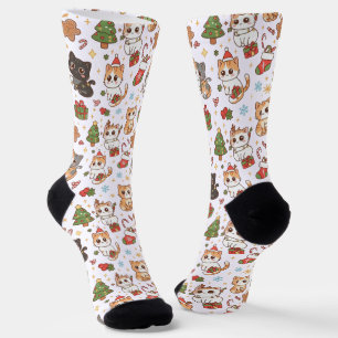 Kawaii Christmas Cats Holiday Pattern Crew Socks