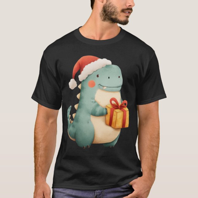 Kawaii Christmas Dinosaur with Gift Cute Santa Din T-Shirt (Front)