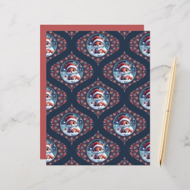 Kawaii Christmas Fox Dot Mandala Ogee Damask Paper (Front/Back In Situ)