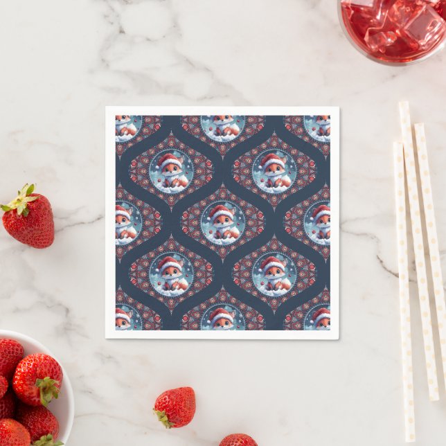 Kawaii Christmas Fox Dot Mandala Ogee Damask Paper Napkin (Insitu)