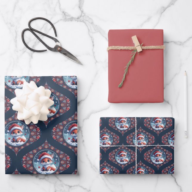 Kawaii Christmas Fox Dot Mandala Ogee Damask Wrapping Paper Sheet (Front)