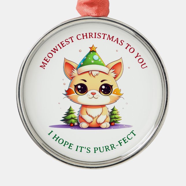 Kawaii Christmas Kitten Holiday Cat Pun Metal Tree Decoration (Front)