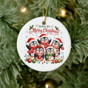 Kawaii Christmas Penguins Ceramic Tree Decoration