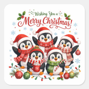 Kawaii Christmas Penguins Square Sticker
