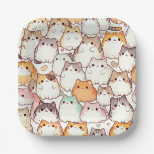Kawaii Chubby Cartoon Cats With Hearts Paper Plate