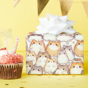 Kawaii Chubby Cartoon Cats With Hearts Wrapping Paper