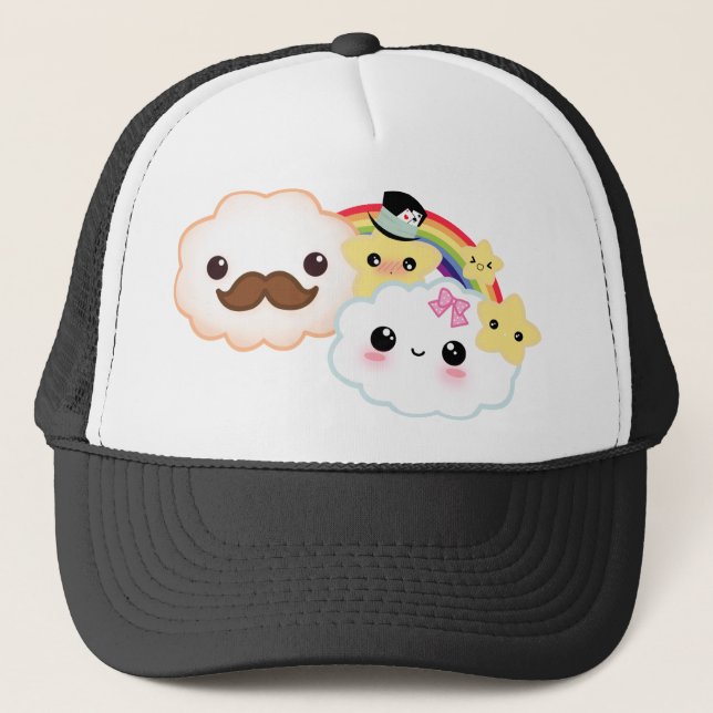 Kawaii cloud couple with rainbow and stars trucker hat (Front)