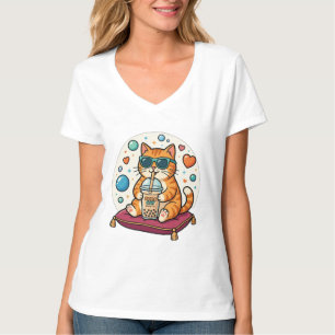 Kawaii Cool Cat Boba Tea Anime Girl V-Neck T-Shirt